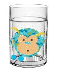 Dvojstenný detský plastový pohár s motívom opice a s plávajúcimi ozdobami a trblietkami. Objem: 200ml.