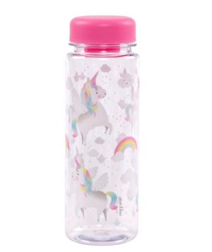 Detská fľaša Unicorn s motívmi dúhových jednorožcov je vyrobená z nezávadného plastu. Naučte svoje deti dodržiavať pitný režim.