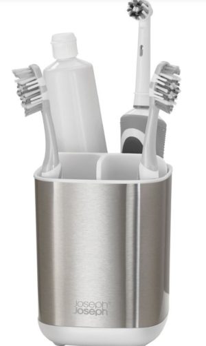 Malý kúpeľňový organizér Easystore Steel so štyrmi oddielmi na zubnú pastu a kefky. Kombinácia plastu a nerezu.